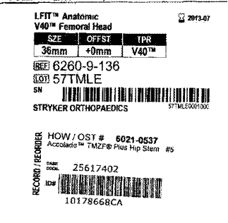 Label of Stryker Accolade LFIT Anatomic V40 femoral head