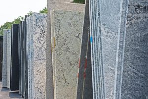 Slabs of granite and quartz are stacked up to facilitate inspection by buyers looking for new countertops.